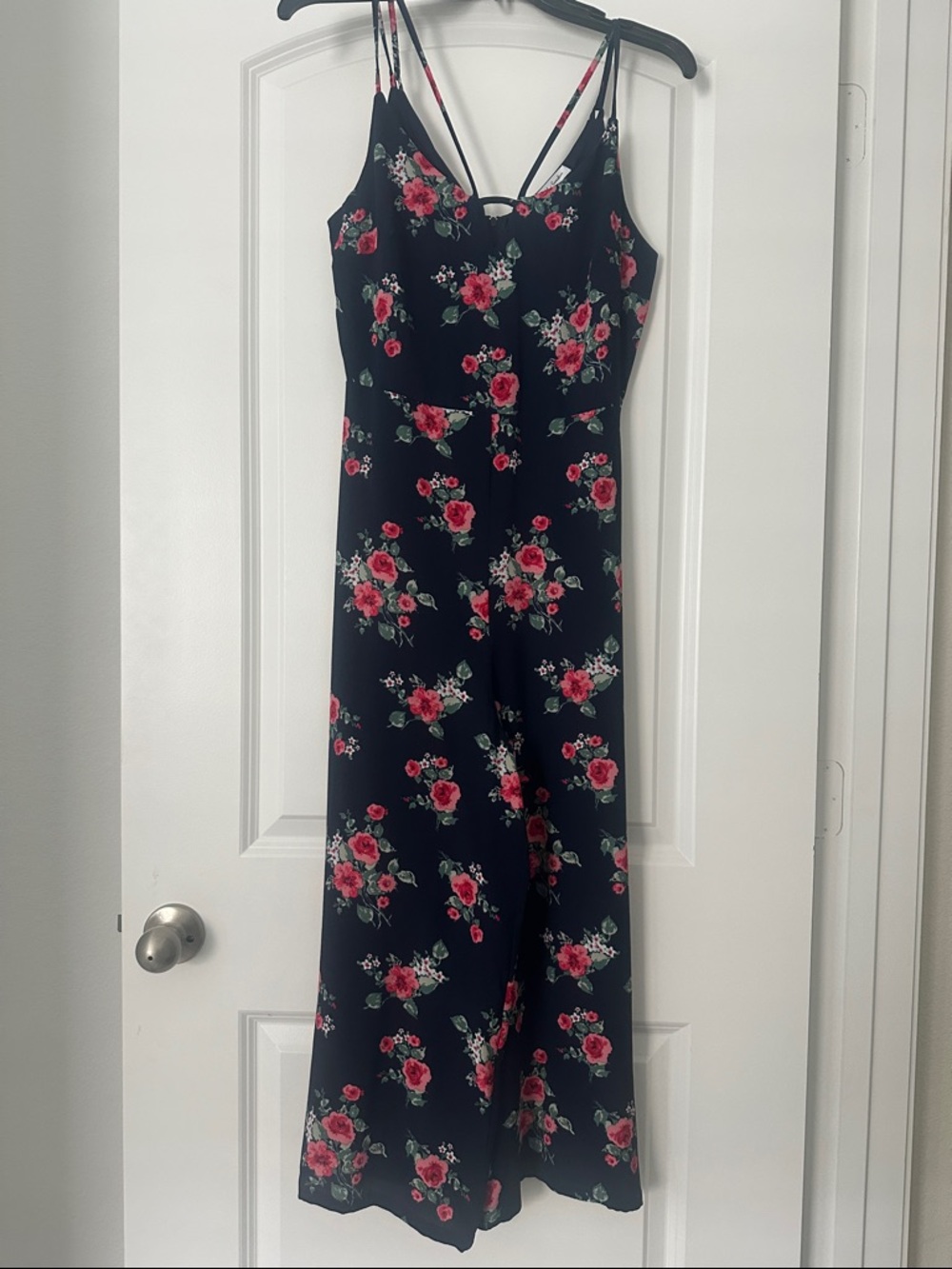 Emerald Sundae Navy Jumpsuit with Pink Floral Print and Green Leaves